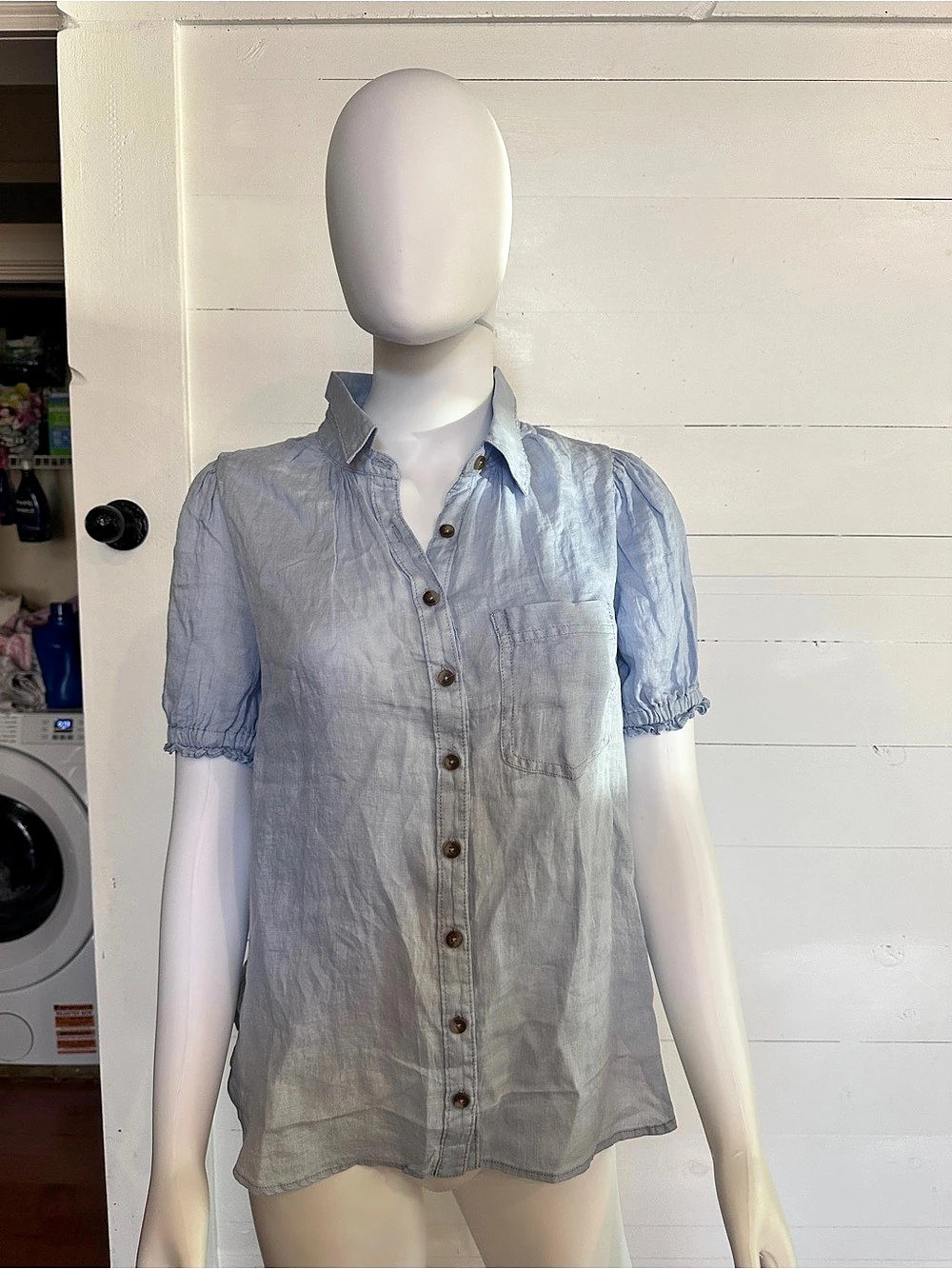 Pilcro Aly 100% Linen Puff-Sleeve Blouse Blue Small - Picture 6 of 7